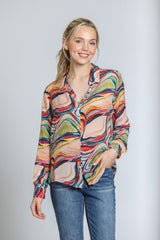 Long Sleeve Marble Printed Button Up Blouse Blue Multi