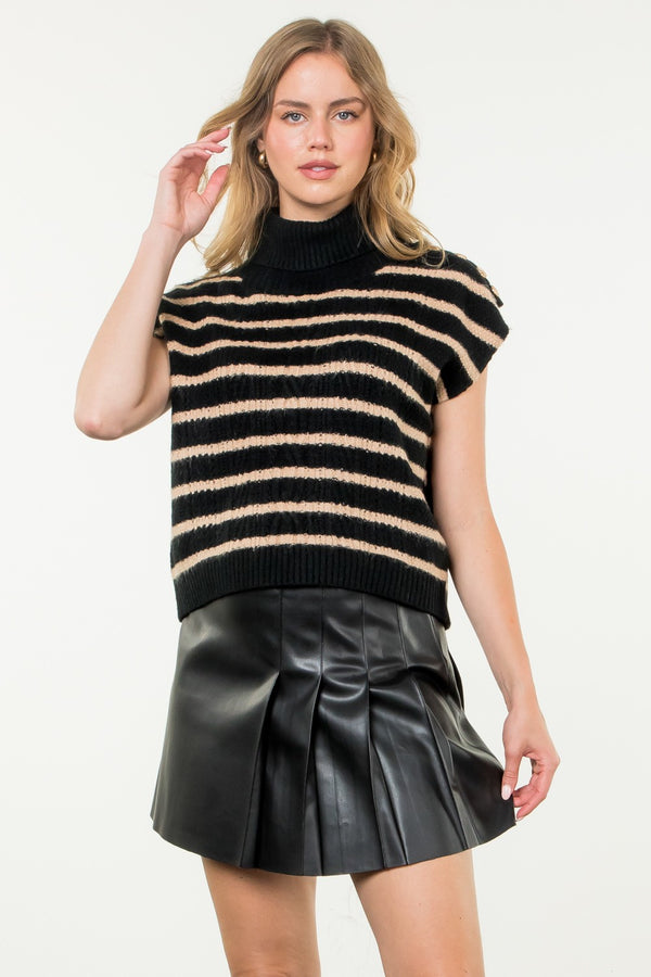 Turtleneck Stripe Sweater Vest Black
