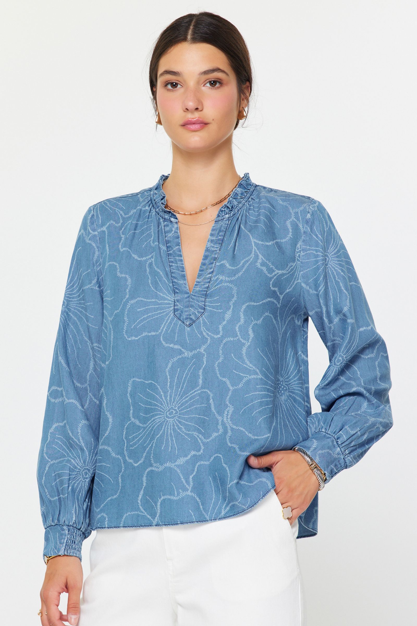 Floral Printed Chambray Ruffle Neck Blouse Floral Chambray