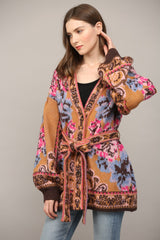 Tapestry Pattern Jacquard Waist Tie Cardi Camel Multi