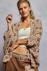 Floral Pattern V-neck Relaxed Fit Batwing Cardigan Latte/Mocha
