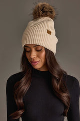 Solid Ribbed Knit Pom Hat Beige