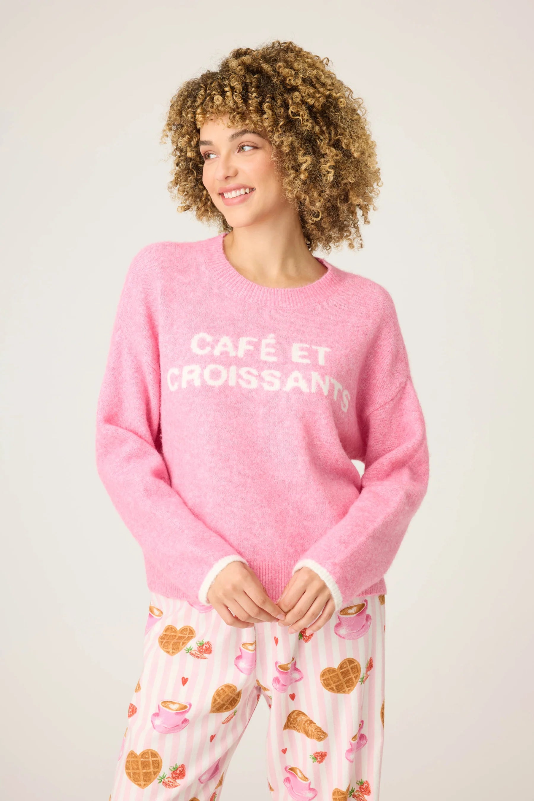 Cafe Et Croissants Sweater Top Bright Pink