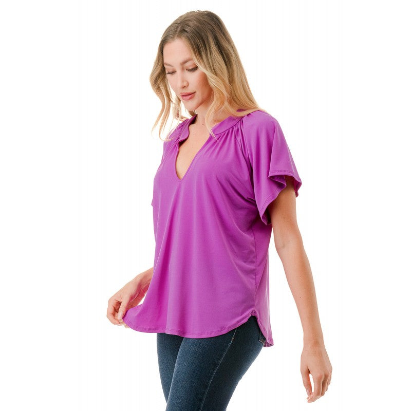 Flounce Sleeve Vneck Blouse Magenta