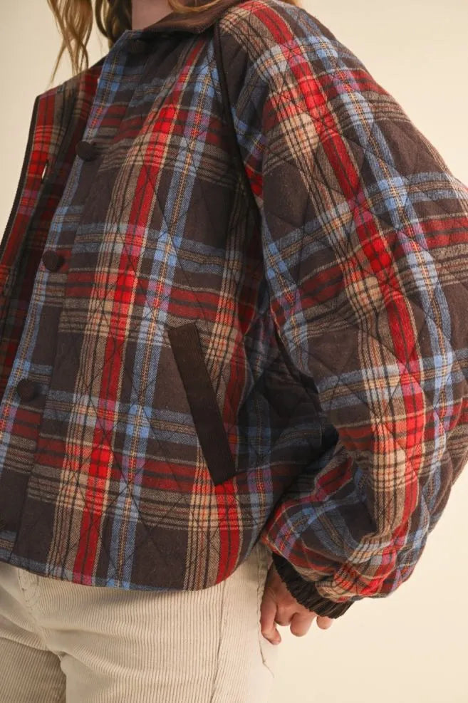 Corduroy Detail Plaid Quilted Jacket Brown Red