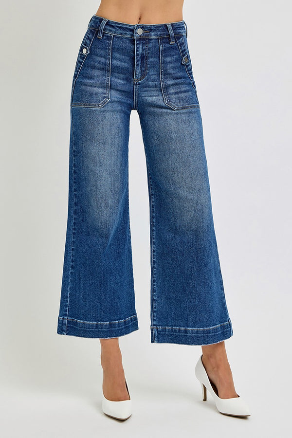High Rise Ankle Wide Leg Tabbed Patch Pocket Jeans Dark