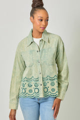 Eyelet Hem Detail Washed Shacket Sage Mint