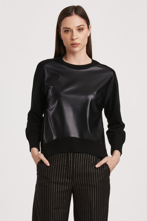 Moira Arched Hem Leather Front Sweater Black