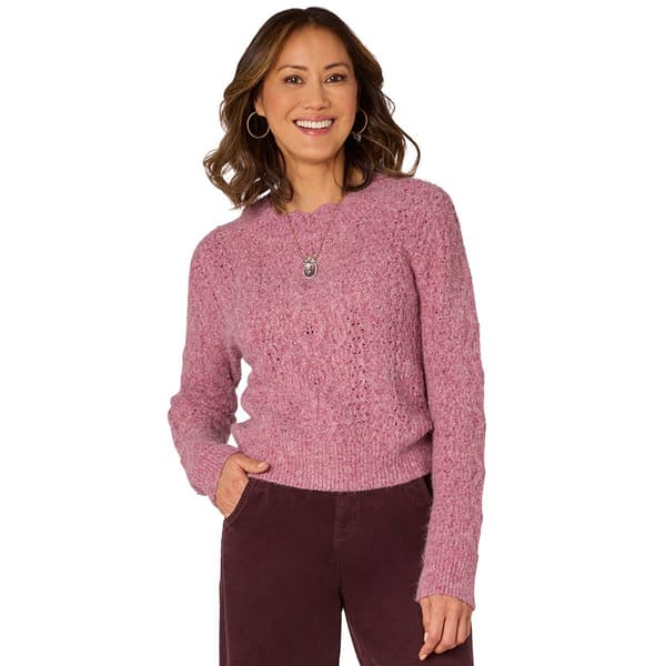 Scallop Edge Round Neck Pointelle Sweater Heather Crushed Berry