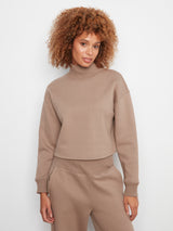 French Terry Long Sleeve Rib Mock Neck Top Taupe