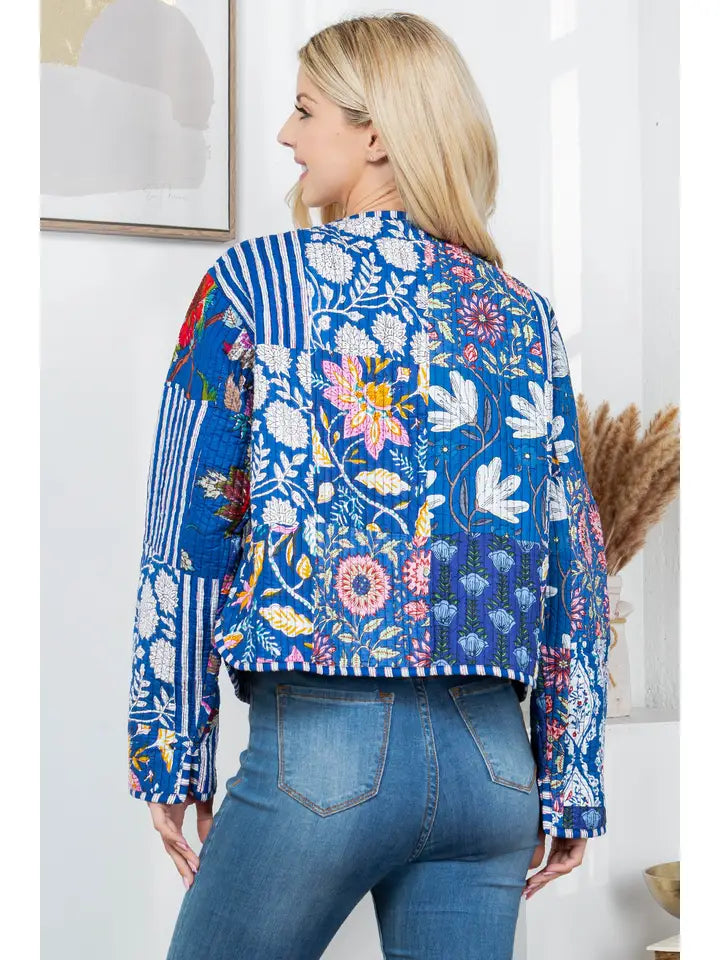 Celeste Floral Quilted Patchwork Reversible Jacket Blue Combo