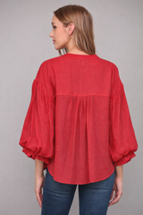 Puff 3/4 Frill Sleeve Button Down Shirt Tomato Red