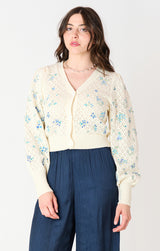Pointelle Embroidered Cardigan Ecru + Blue Floral
