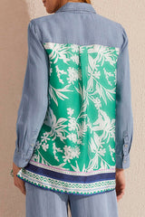 Mixed Media Border Print Denim Shirt Jade Mist