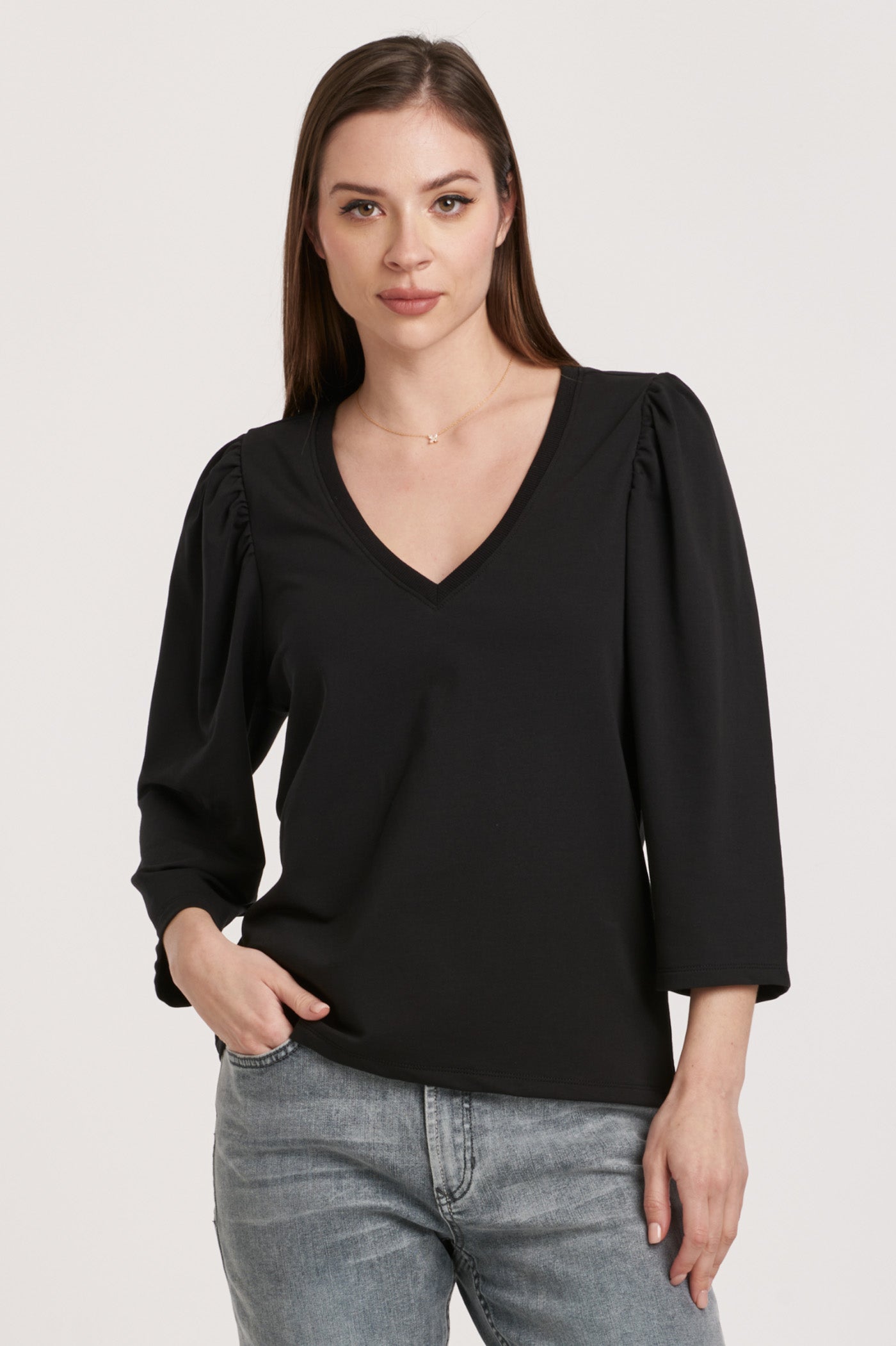 Zada Gathered Sleeve Vneck Top Black