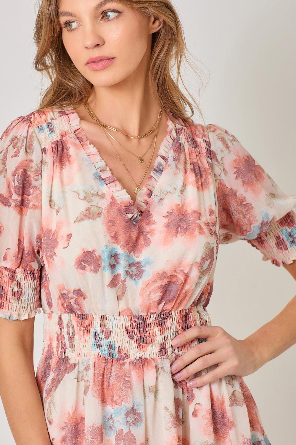 Painted Floral Ruffle Detail Short Sleeve Dress Ivory + Washed Red