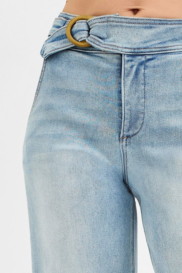 Wooden Buckle Belted High Rise Crop Wide Leg Jeans Light