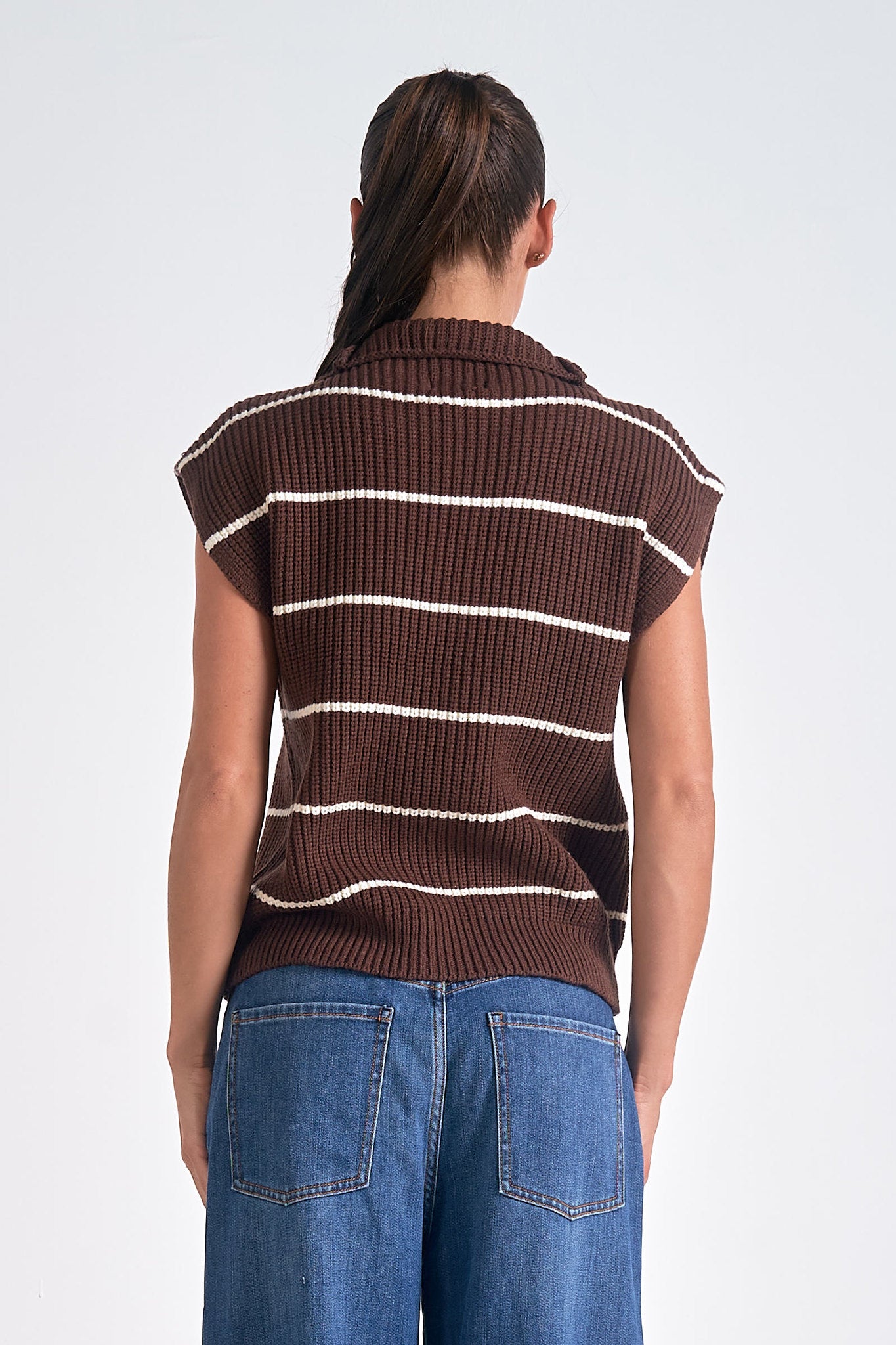 Striped Cap Sleeveless Quarter Zip Sweater Brown + Beige