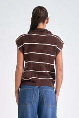 Striped Cap Sleeveless Quarter Zip Sweater Brown + Beige