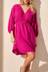 Puff Sleeve Smock Detail Dress Passion Fruit