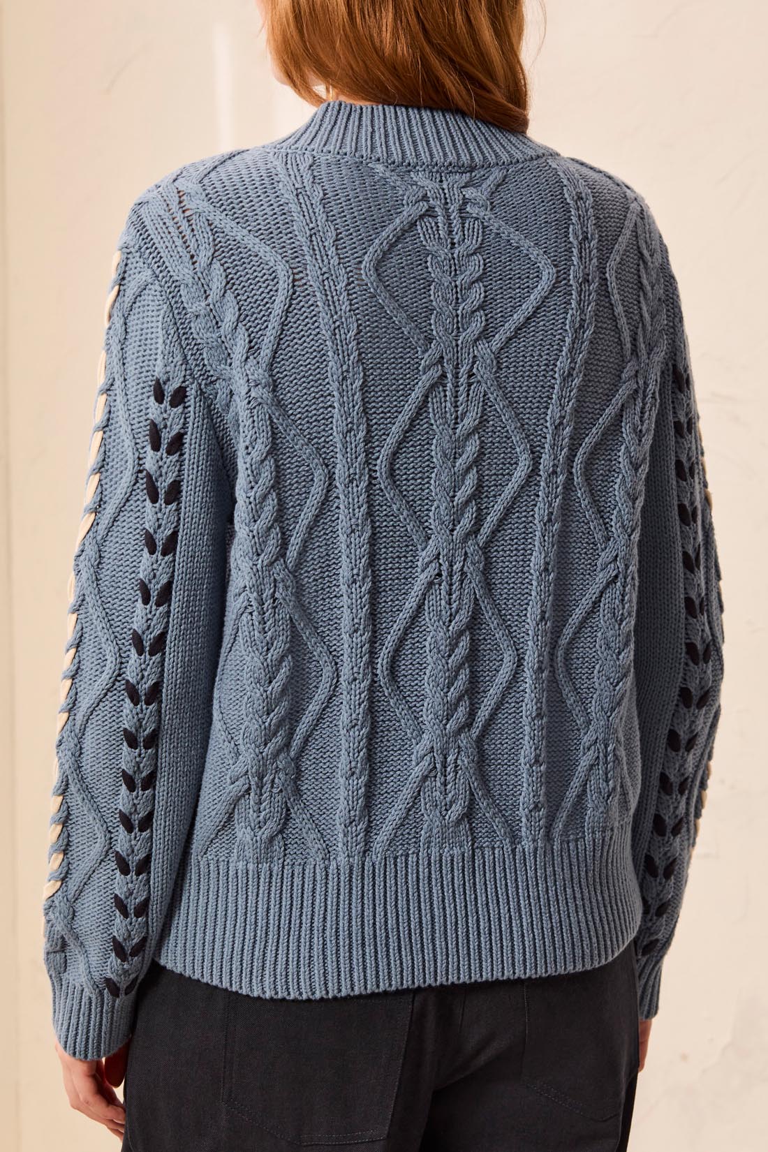 Mock Neck Cable Stitched Detail Sweater Blue Fog