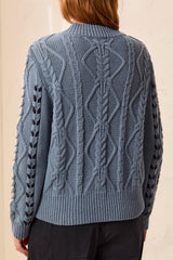 Mock Neck Cable Stitched Detail Sweater Blue Fog