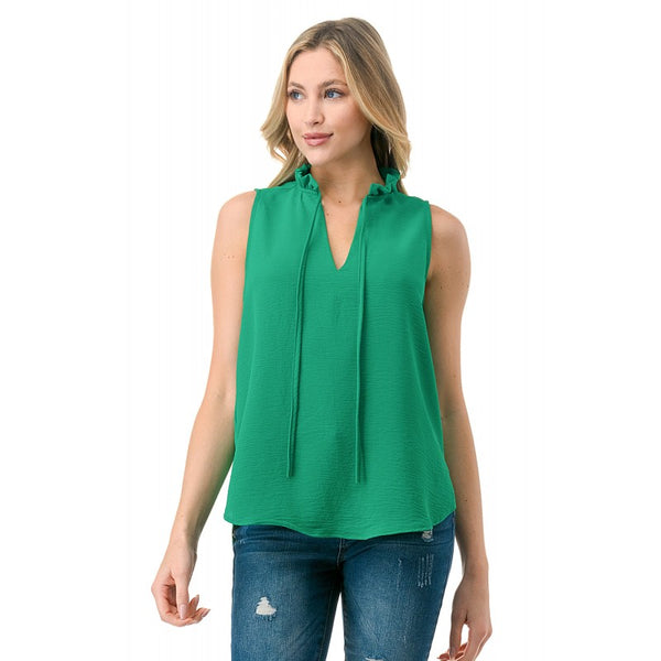 Crinkle Split Tie Neck Sleeveless Top Kelly Green
