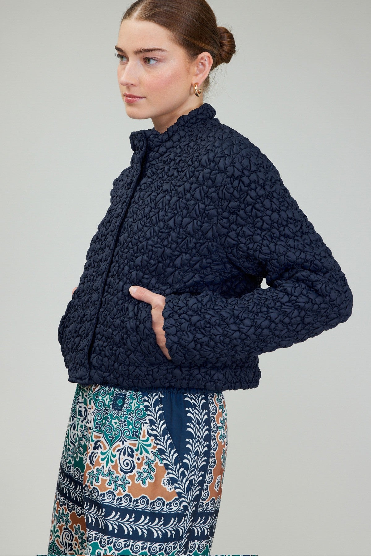 Bubble Quilted Zip Up Jacket Navy
