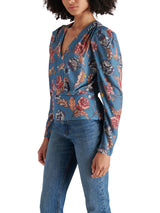 Saige V Neck Folklore Floral Long Sleeve Top Celestial Blue