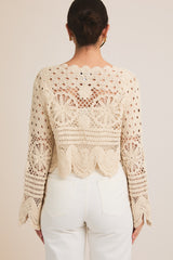 Scallop Hem Tied Crochet Cardi Natural