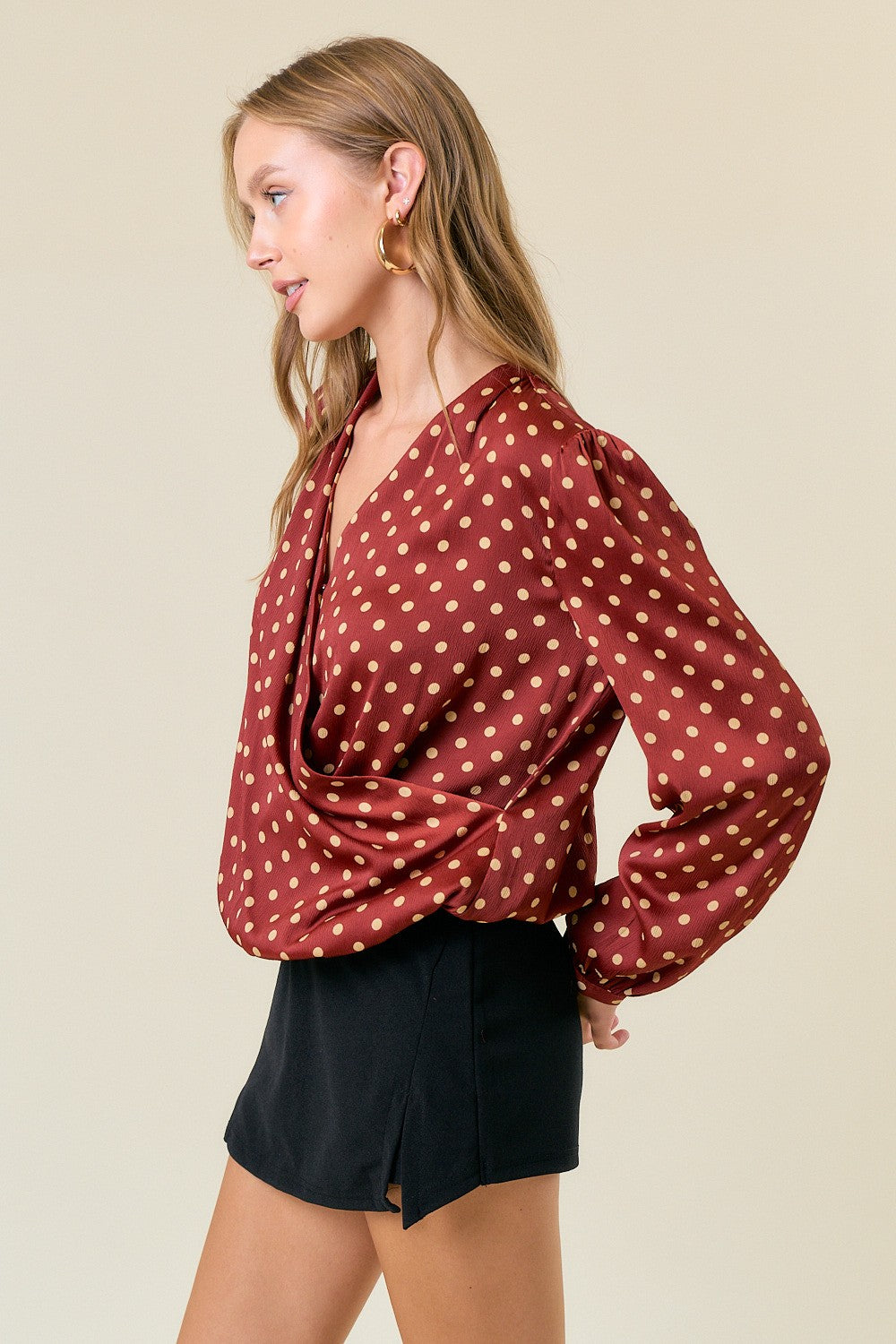 Polka Dot Silky Crossover Blouse Cognac