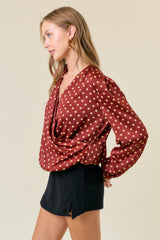 Polka Dot Silky Crossover Blouse Cognac