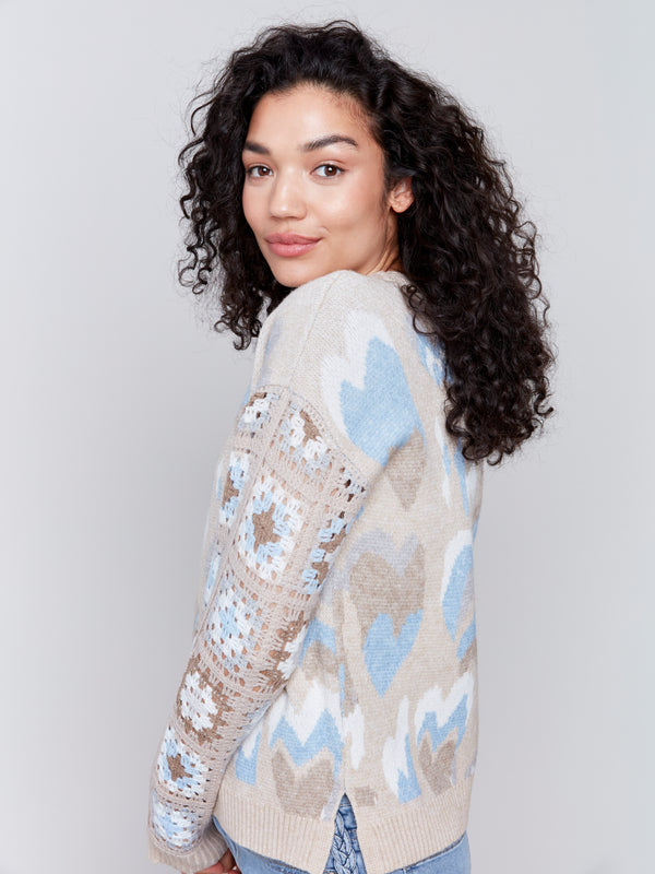 Jacquard Layered Hearts Crew Neck Sweater Ocean