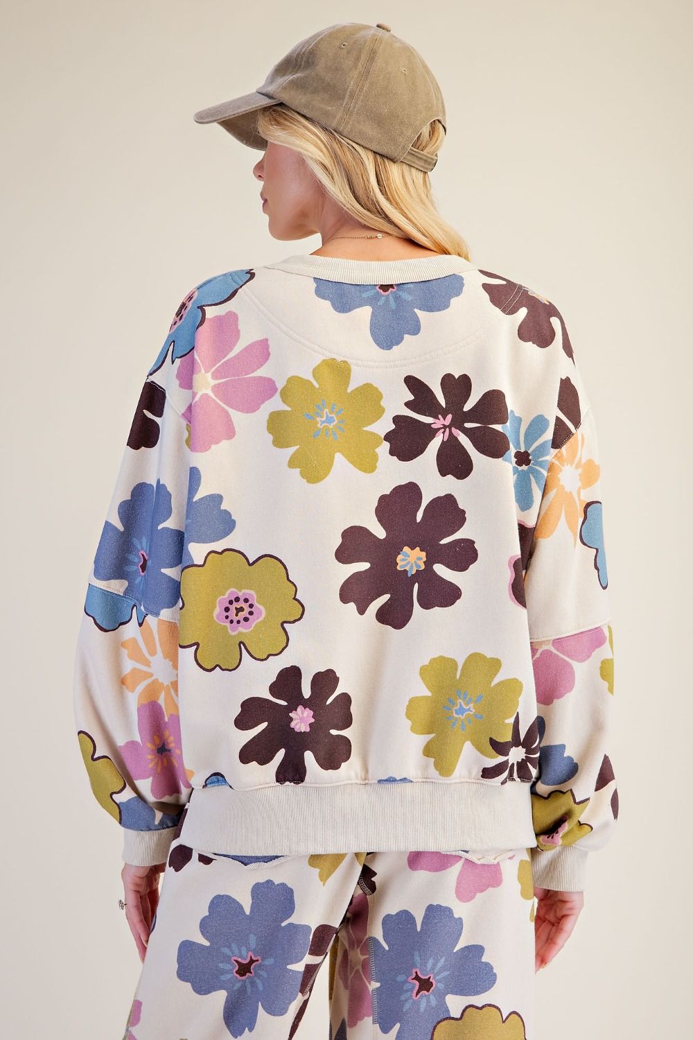 Floral Print Washed Terry Pullover Khaki