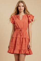 Flutter Sleeve Tiered Mini Dress Orange Red