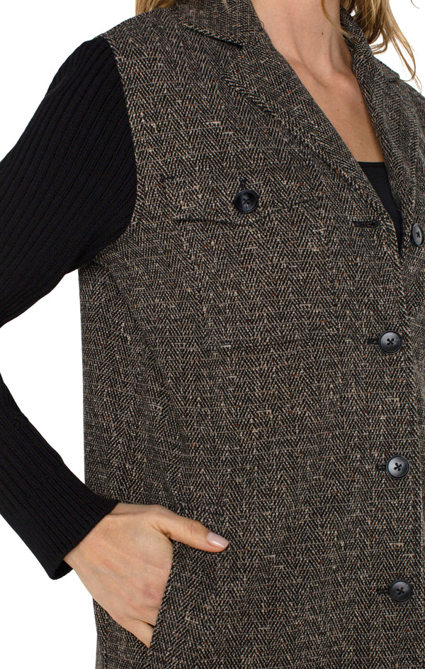 Sweater Sleeve Contrast Coatigan Black + Tan Herringbone