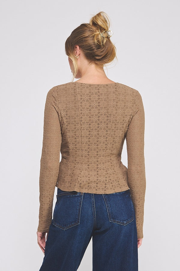 Knit Lace Square Neck Princess Seams Top Toffee