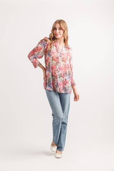 Floral Sheer Printed Button Front Shirt Pink