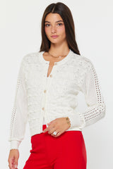 Multi Knit Patterns Flower Button Cardigan White