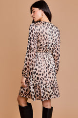 Long Sleeve V Slit Leopard Print Dress Taupe