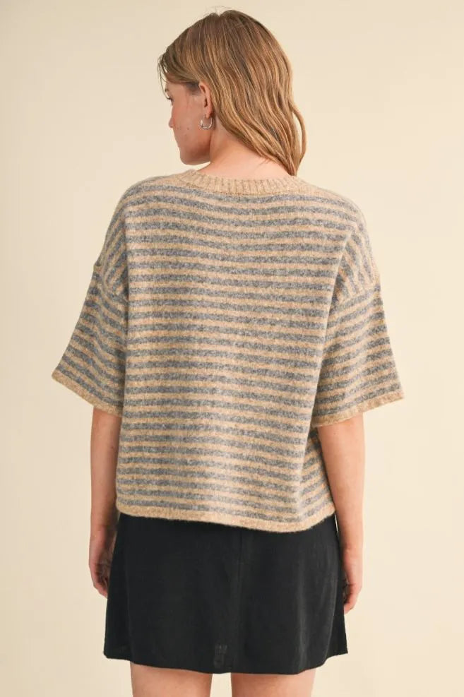 Short Sleeve Stripe Sweater Cardigan Taupe Grey