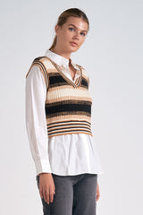 Two Fer Stripe Crop Sweater Collared Top Beige Multi