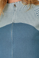 Stripe Contrast Fitted Mock Neck Zip Up Sweater Blue