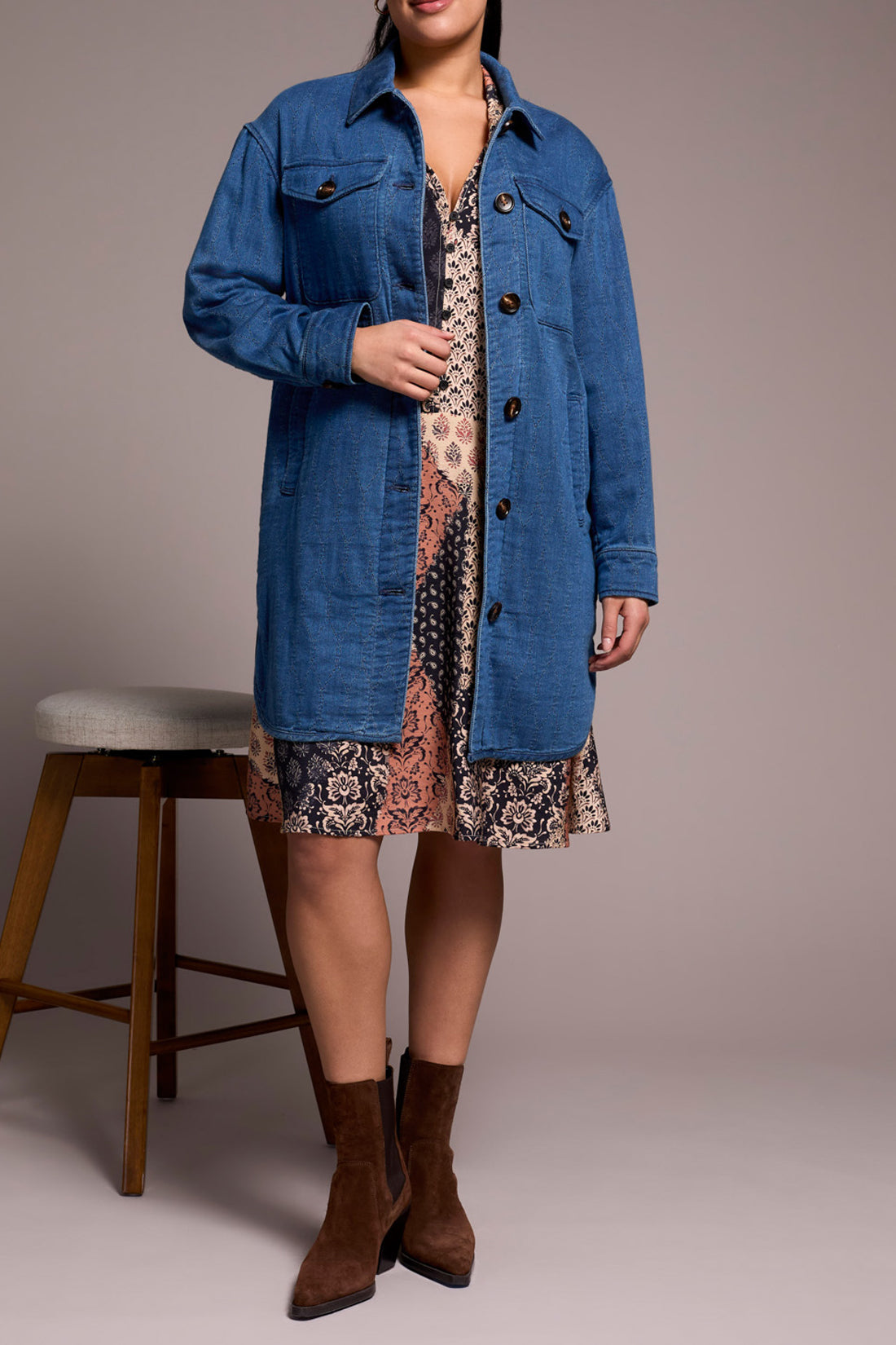 Long Button Front Quilted Jacket Blue Bliss
