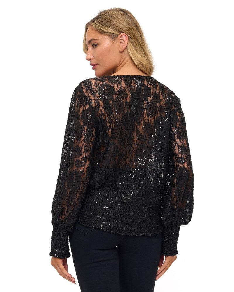 Smock Cuff Sleeve Surplice Top Black Lace