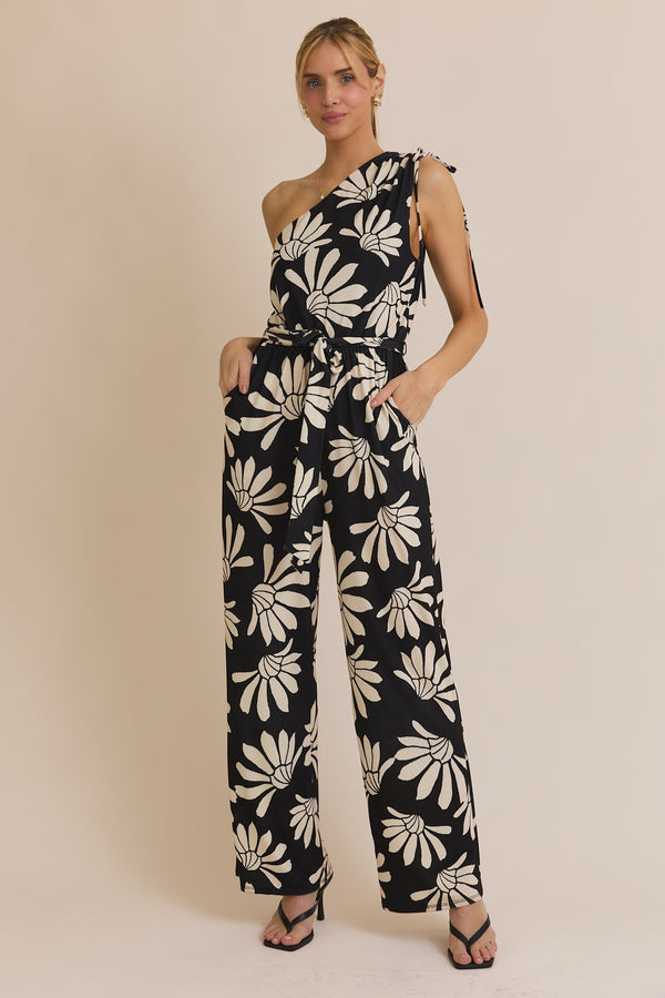 One Shoulder Floral Print Jumpsuit Black + Ivory