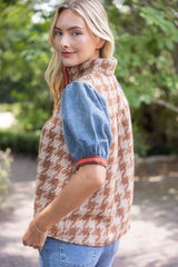 Stripe Denim Sleeve Houndstooth Tweed Top Sage