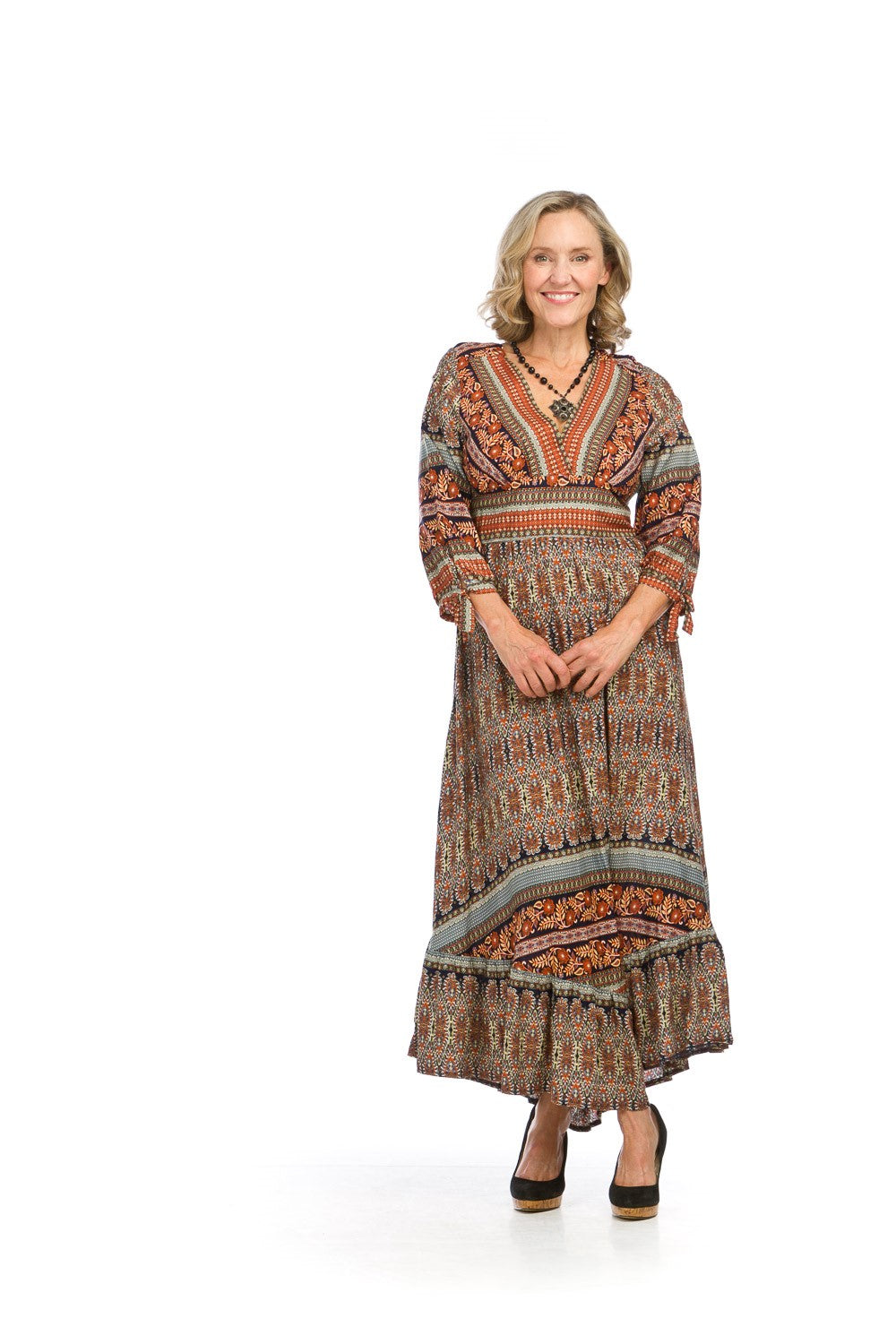 Global Border Print Empire Scrunch Sleeve Maxi Dress Khaki