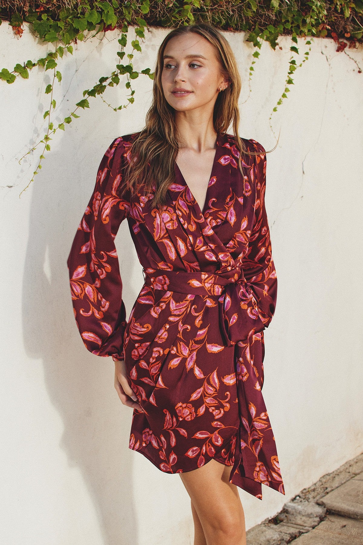 Sangria Surplice Mini Wrap Dress Ruby Wine