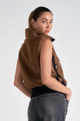 Sherpa Contrast Moto Zip Vest Dark Tan